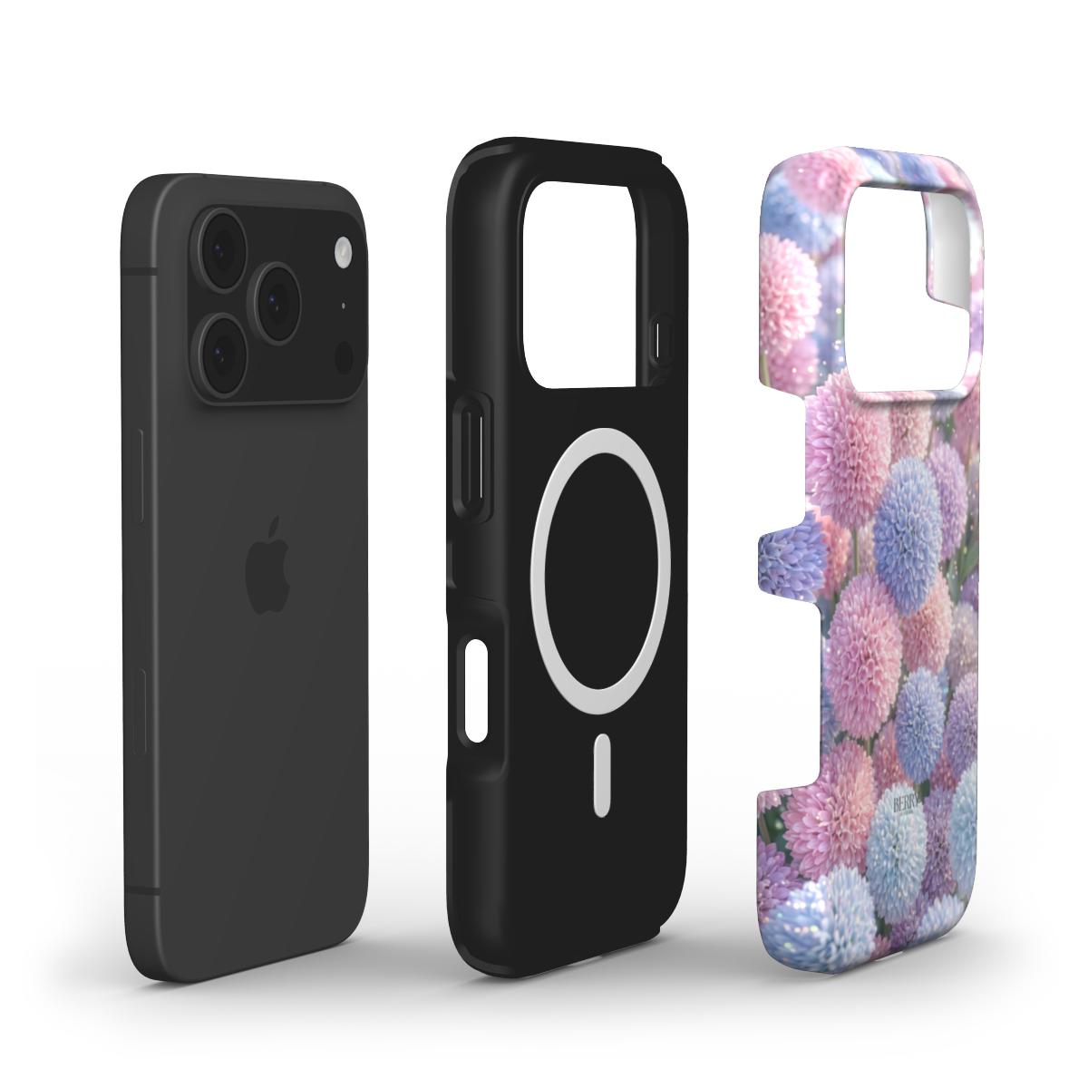 Black phone with a stylish phone case featuring a pastel fluff pattern in multicolored shades of pink, red, blue, and purple, showcasing a trendy feminine design.