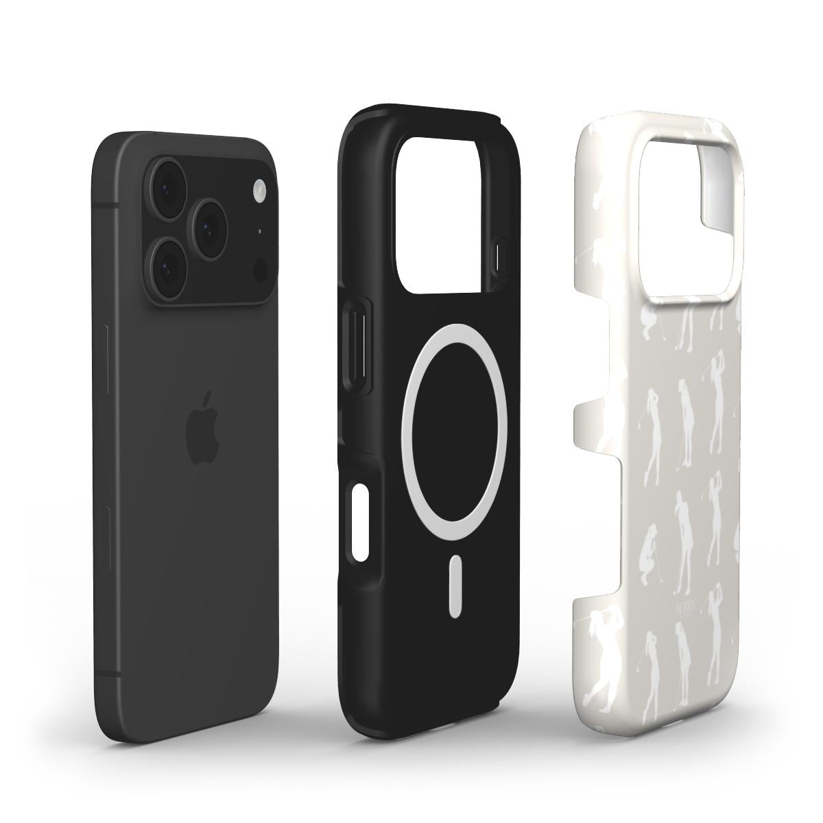 Trendy phone cases in white and beige featuring elegant golf swing silhouettes, designed with a stylish and feminine aesthetic for a popular and beautiful look.