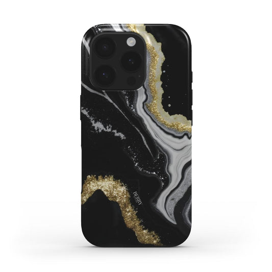 Trendy and feminine phone case with black, gold, and multicolored abstract pattern creating a stylish and beautiful aesthetic design.