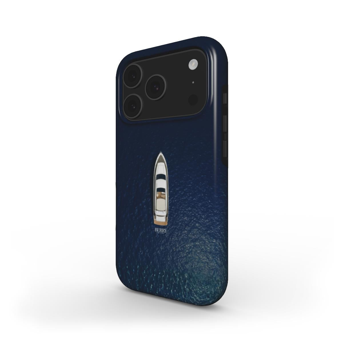 Trendy phone case with a blue multicolored design featuring a minimalist boat on water, creating a feminine and aesthetic vibe.