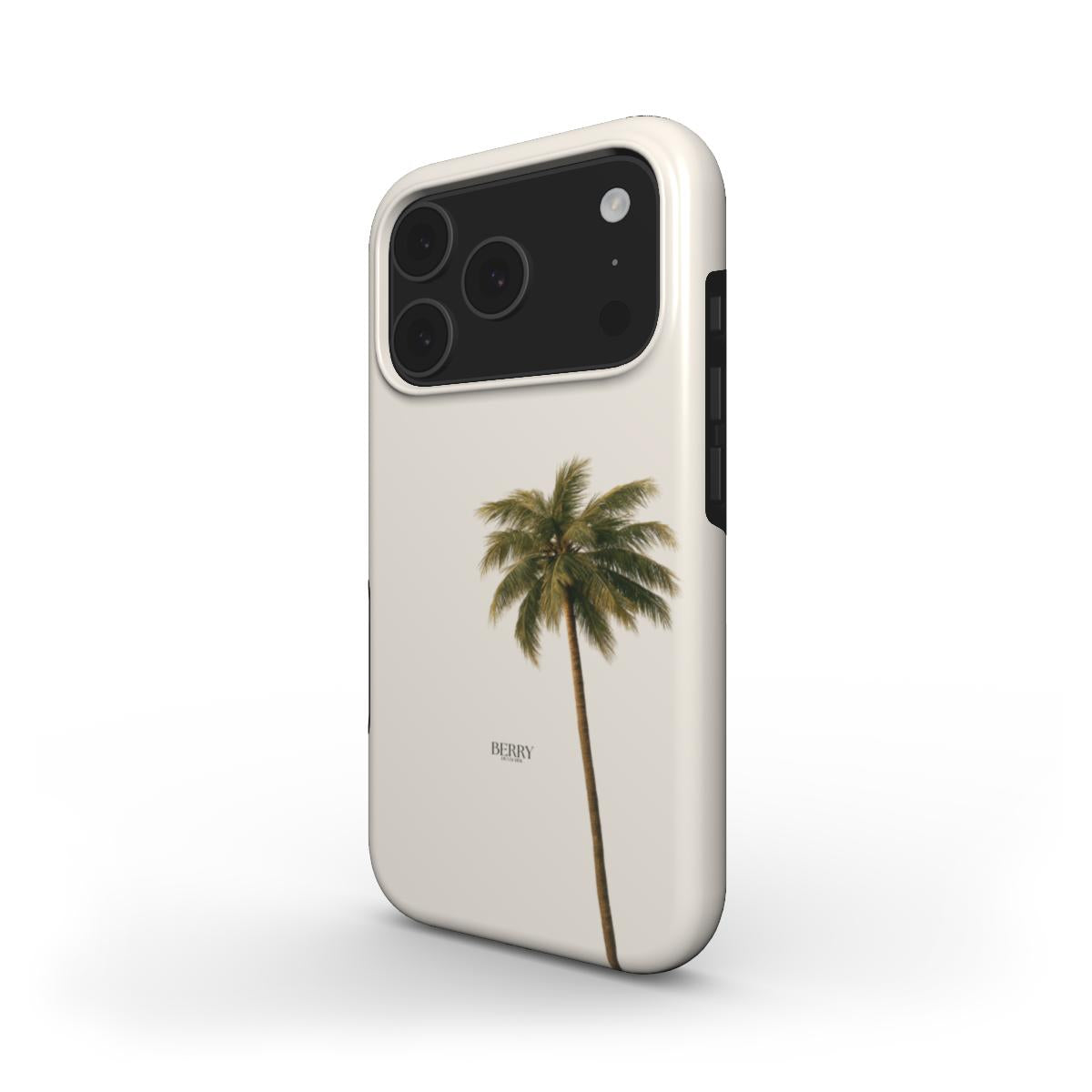 Minimalist beige phone case with a single palm tree design, offering a trendy and feminine aesthetic for that girl who loves stylish accessories.