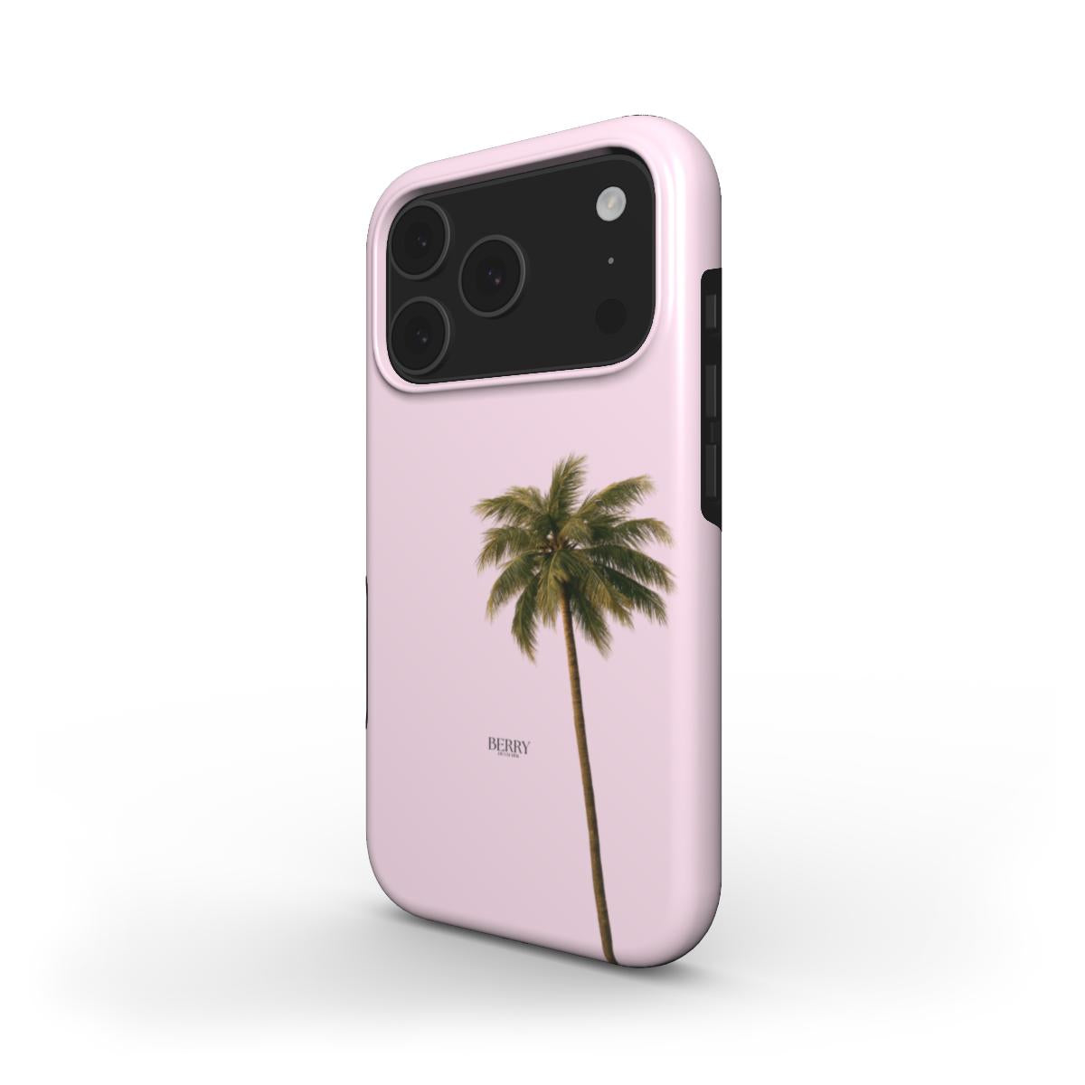 Trendy feminine phone case in soft pink with a green palm tree design, combining an aesthetic, girly, and beautiful look for that girl’s style.