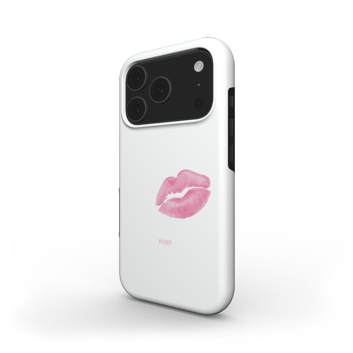 Trendy white phone case with a pink lipstick kiss print, offering a feminine and stylish look perfect for a popular girly aesthetic.