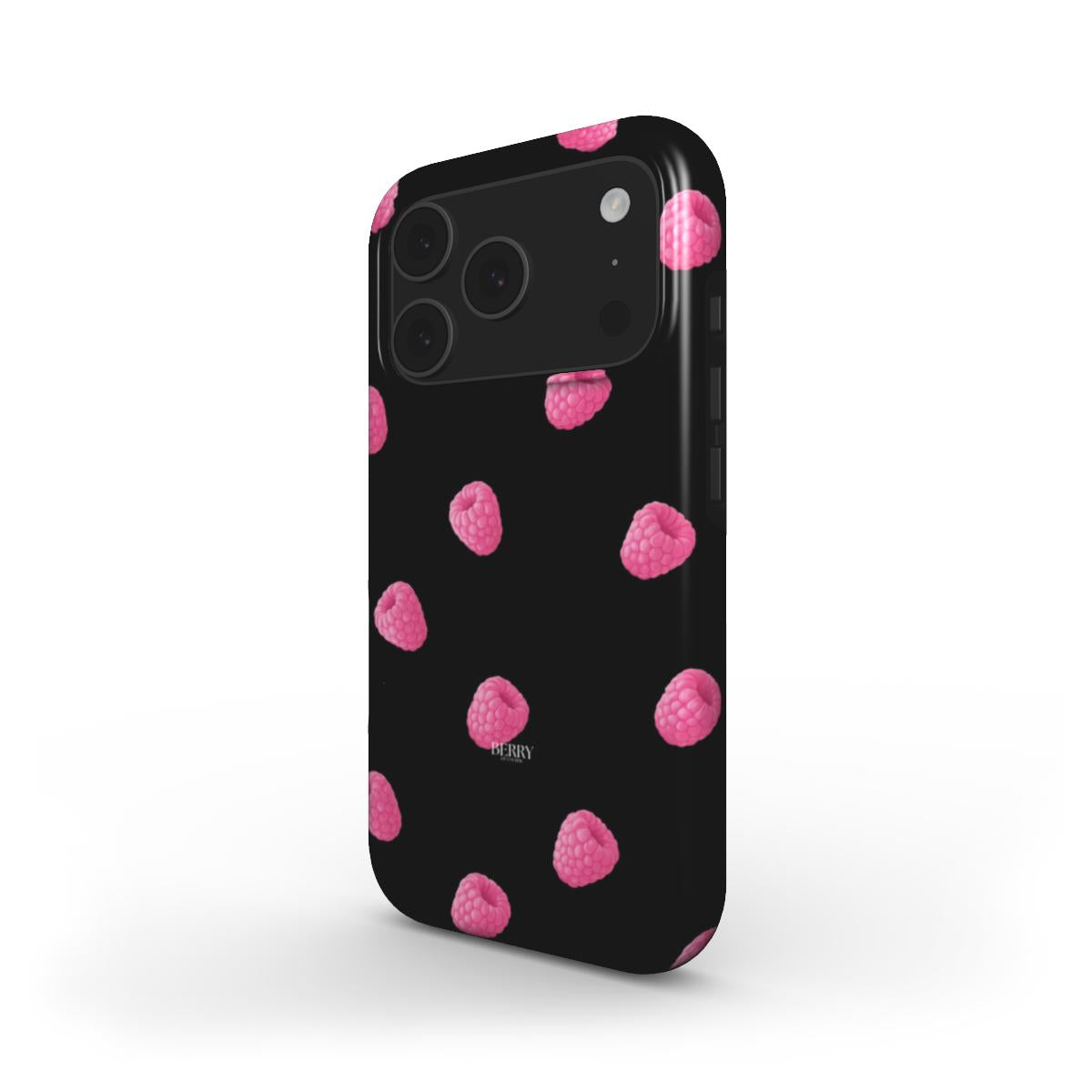 Trendy black phone case featuring a playful pattern of pink raspberries, perfect for a stylish, feminine, and popular everyday accessory.