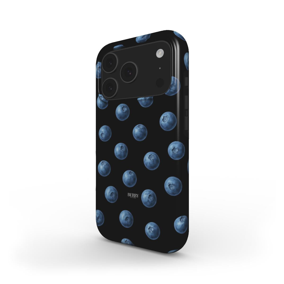 Trendy feminine phone case with a multicolored blueberry pattern on a sleek dark blue background, perfect for a beautiful and popular stylish look.