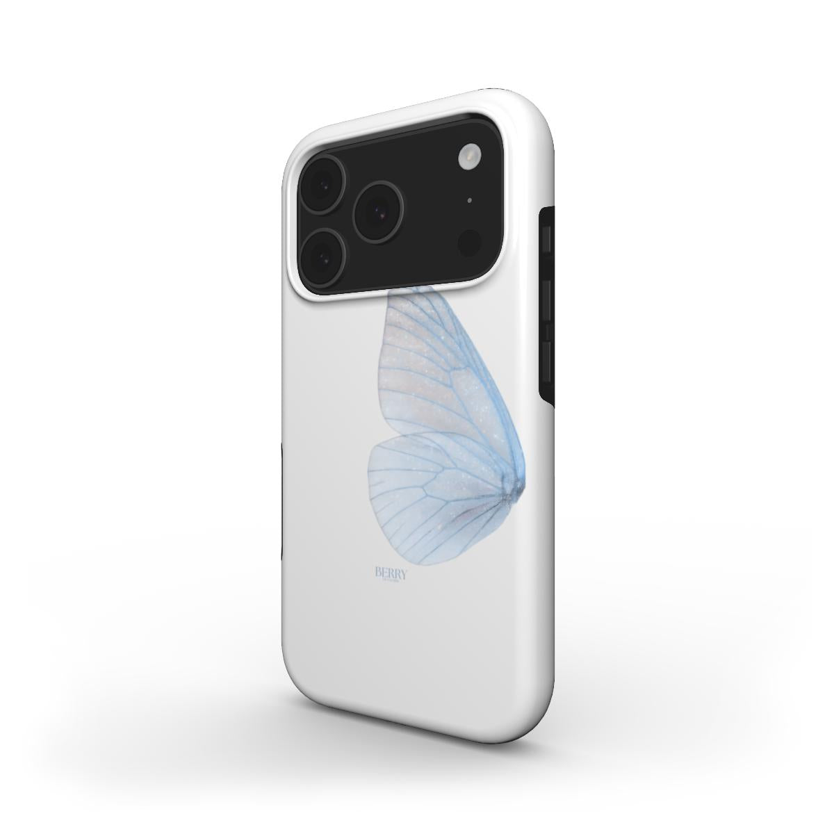 Trendy phone case with a feminine, aesthetic design featuring a delicate blue and multicolored butterfly wing on a clean white background.