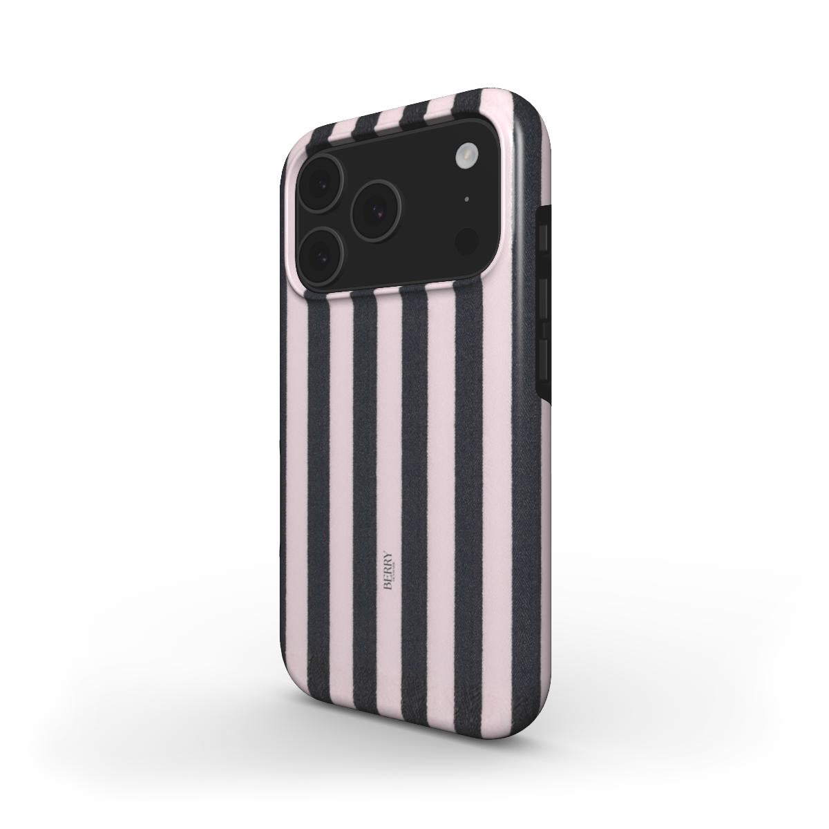 Trendy feminine phone case in white and beige vertical stripes with a stylish blue accent, designed for a girly and beautiful look.