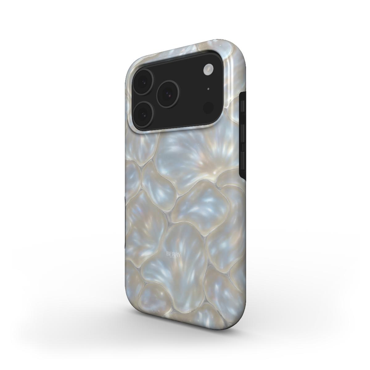 Trendy feminine phone case with a silver, gray, multicolored, and white pearlescent pattern offering a beautiful and aesthetic look.