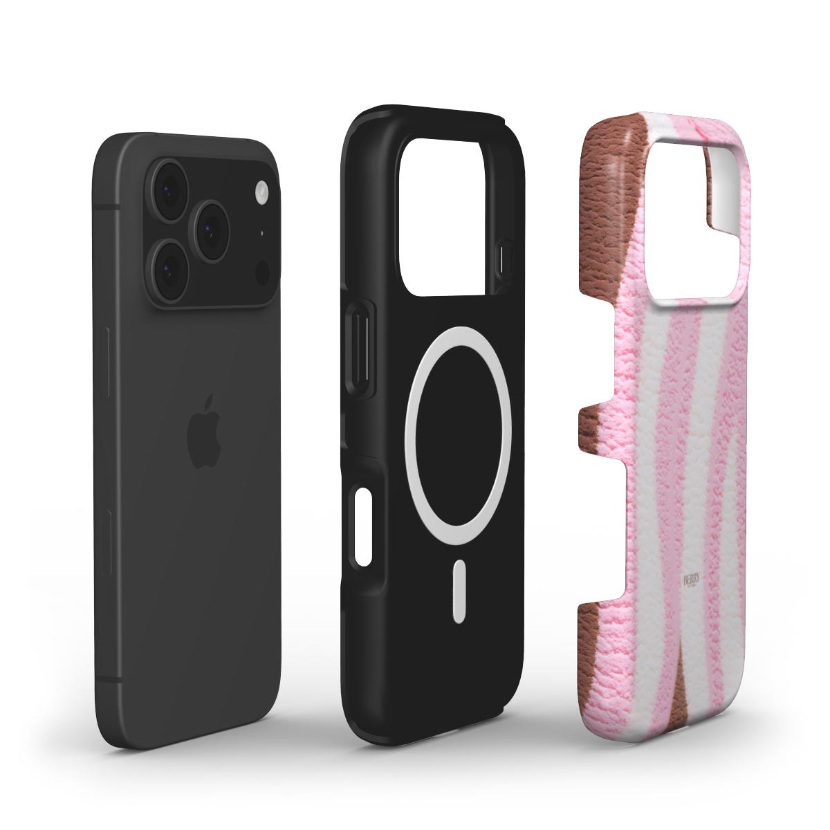 Trendy phone case with a feminine pink, white, and brown multicolor pattern showcasing an aesthetic, girly style for a popular and beautiful look.