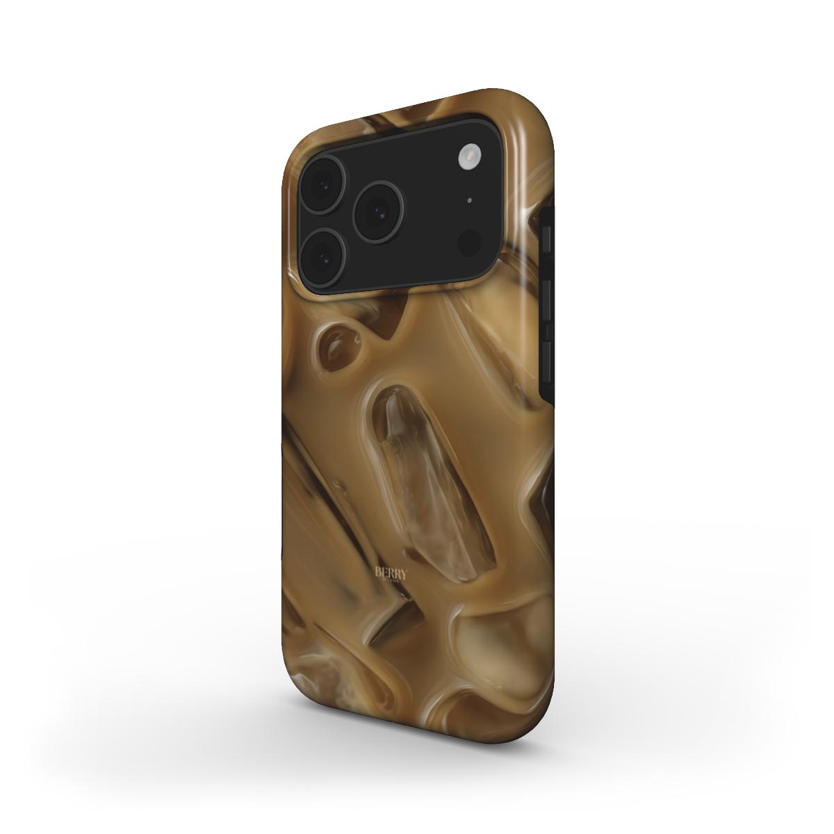 Trendy phone case with a warm brun, beige, and multicolored pattern inspired by latte espresso, perfect for a feminine and stylish look.