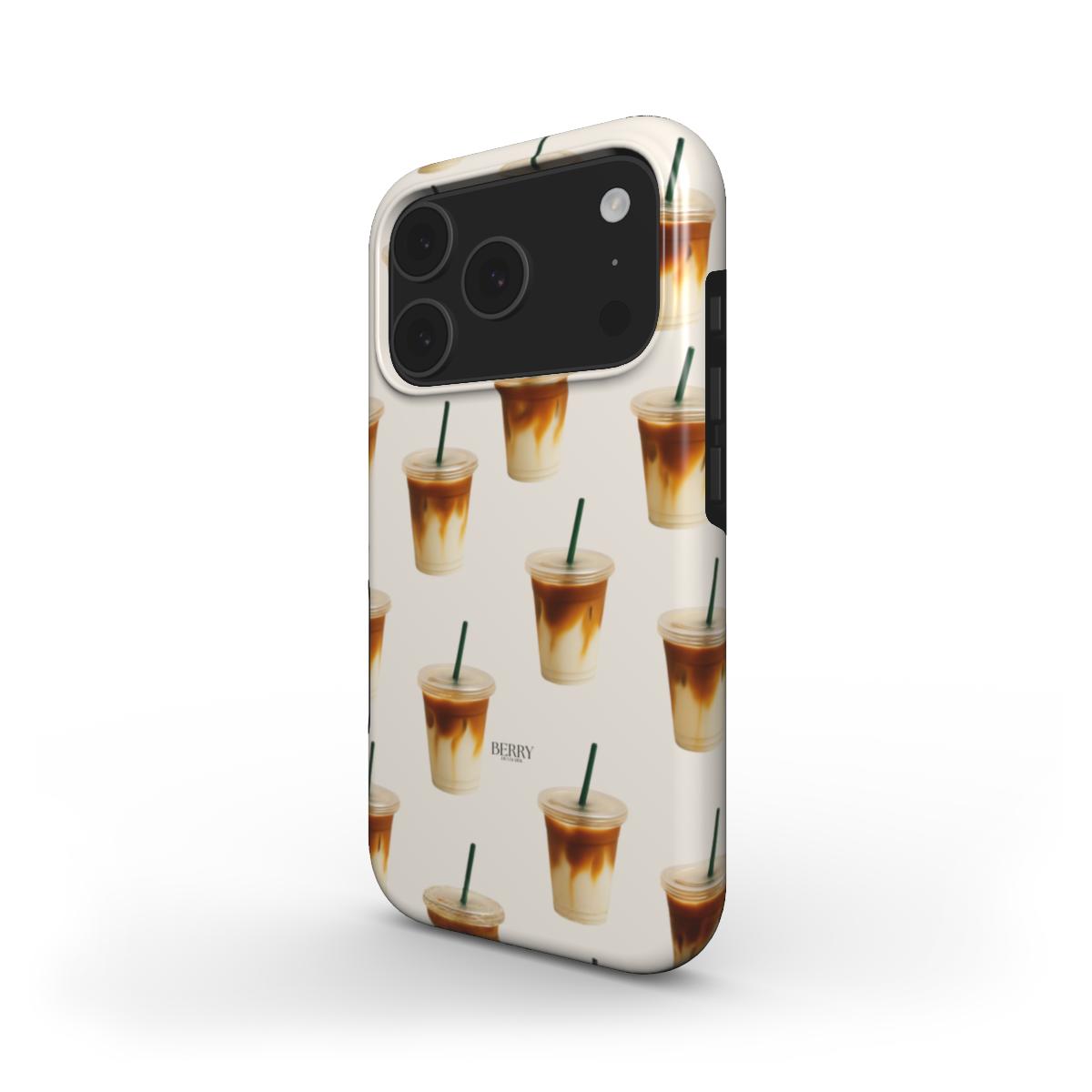 Trendy phone case with a stylish iced latte pattern in beige and brown tones, perfect for a girly and feminine aesthetic.