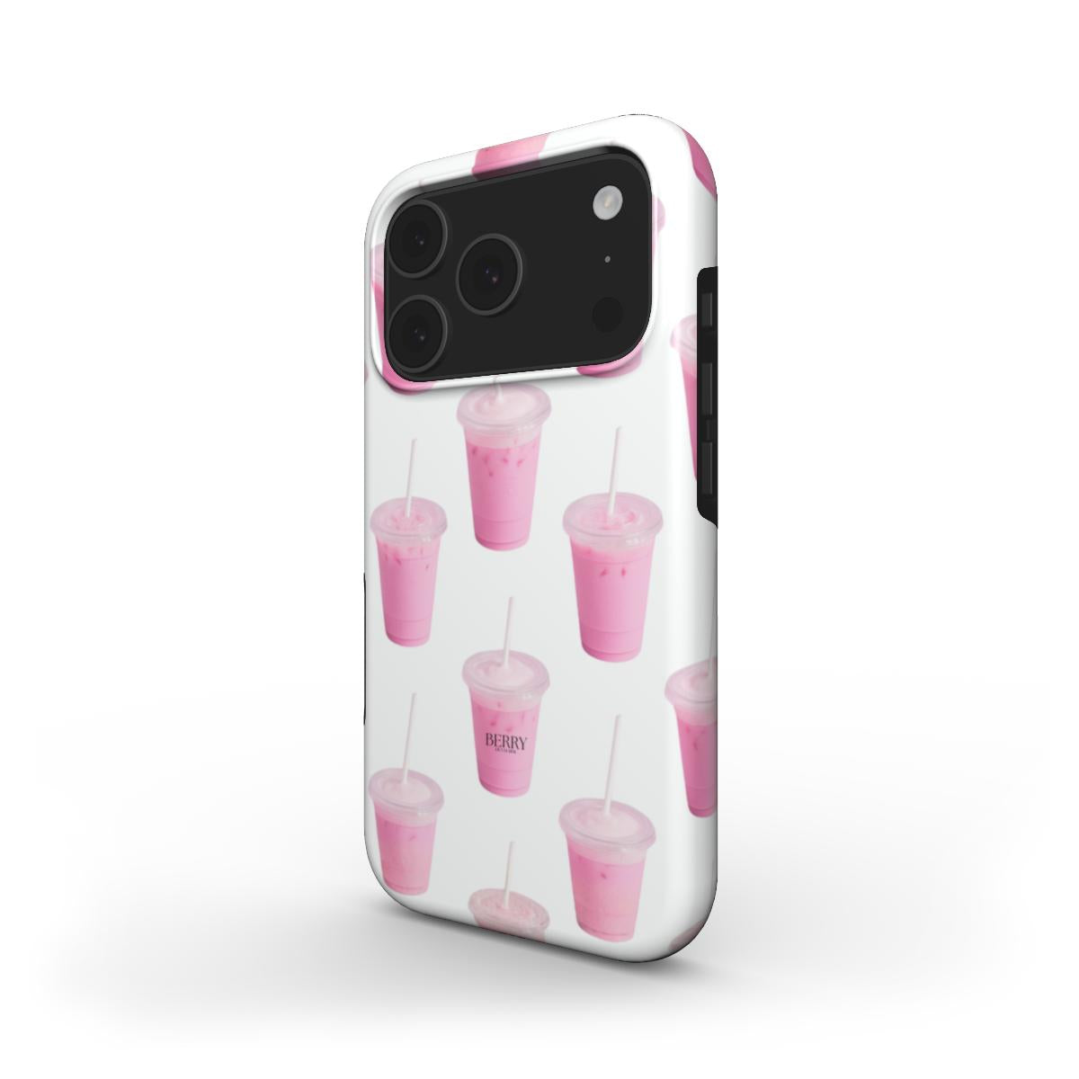 Trendy phone case with a feminine pink and white pattern featuring multiple pink drinks, perfect for a stylish and beautiful girly look.