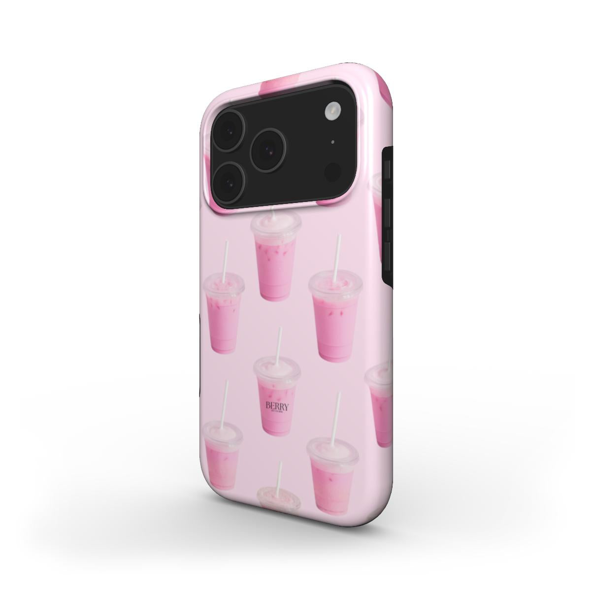 Trendy feminine phone case featuring a pink and white multicolored pattern of stylish pink drink cups for a girly and aesthetic look.