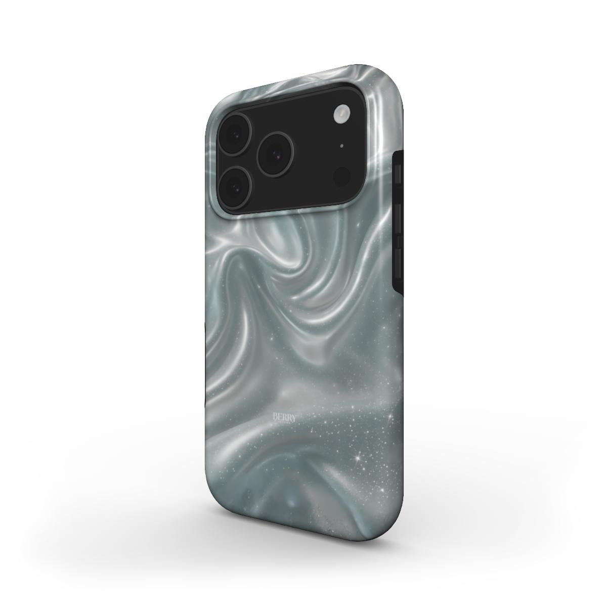 Trendy phone case with a dreamy blue, silver, and gray marbled pattern featuring subtle shimmering details for a feminine and stylish look.