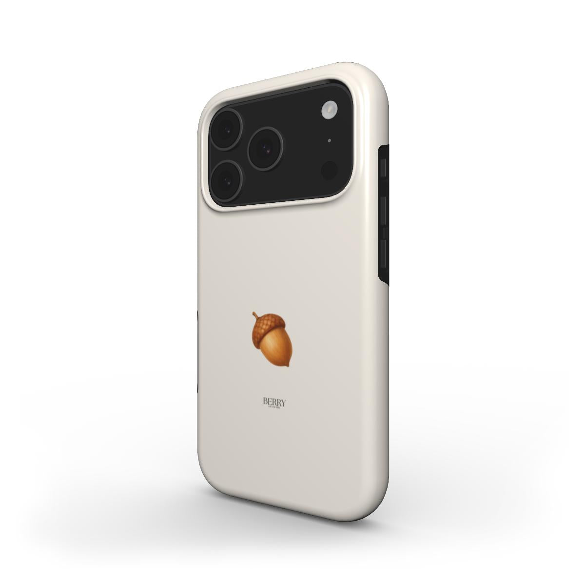 Beige trendy phone case with a small acorn design, combining feminine charm and popular aesthetic for a beautiful, stylish look.
