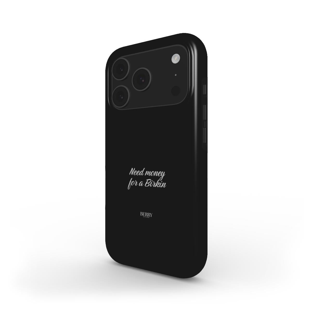 Trendy black phone case with sleek minimalist design featuring elegant white script, perfect for a feminine and popular aesthetic.
