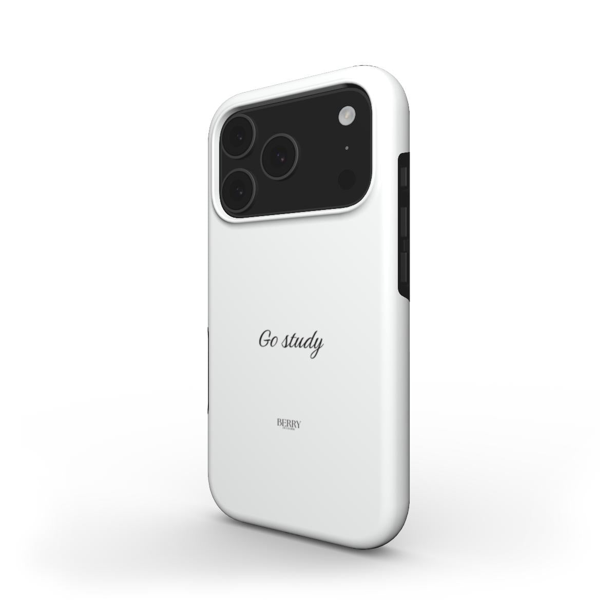 Minimalist white phone case with subtle "Go study" script, featuring a clean and trendy design for an aesthetic and feminine look.