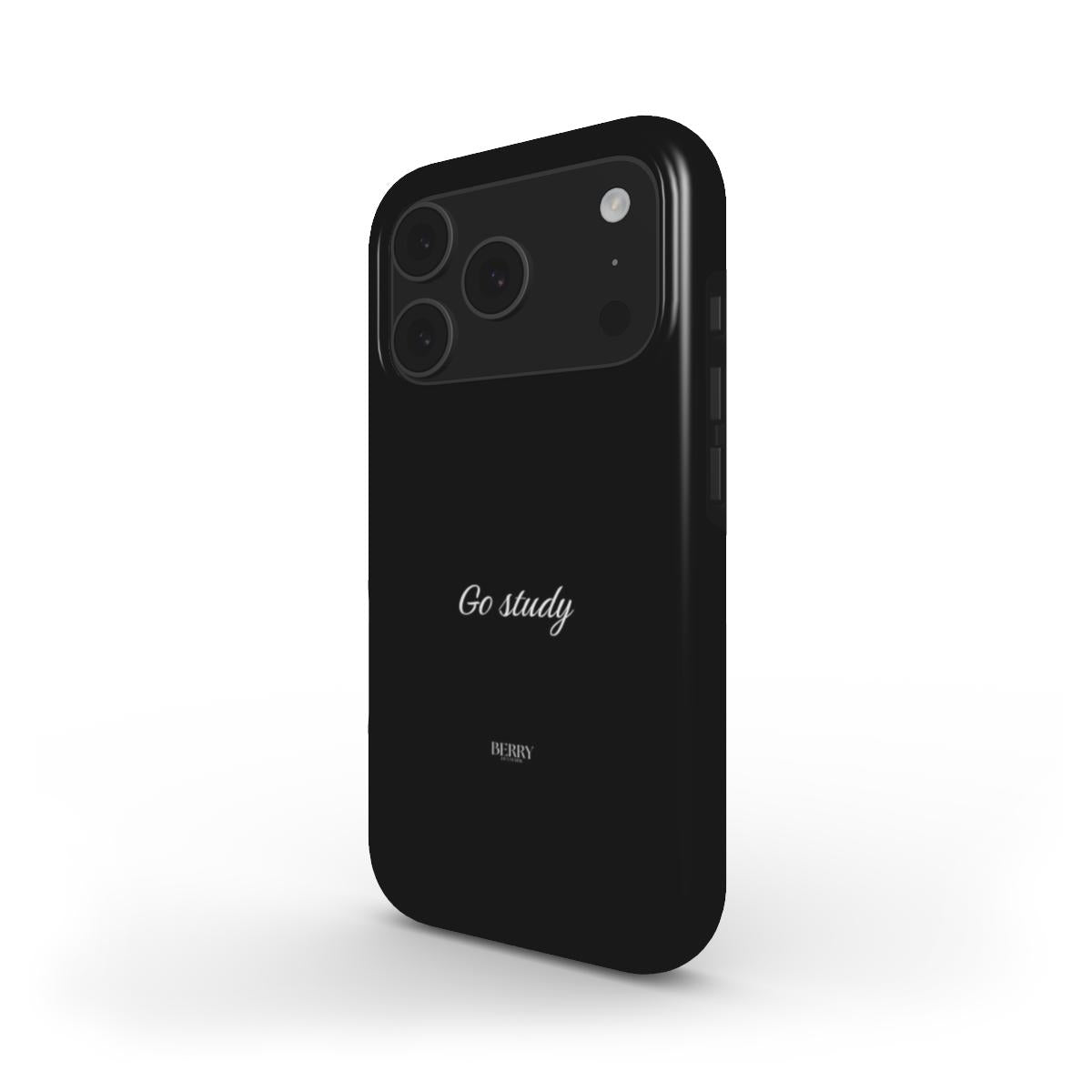 Sleek black phone case with minimalist "Go study" text, showcasing a trendy and feminine design perfect for a stylish and aesthetic look.
