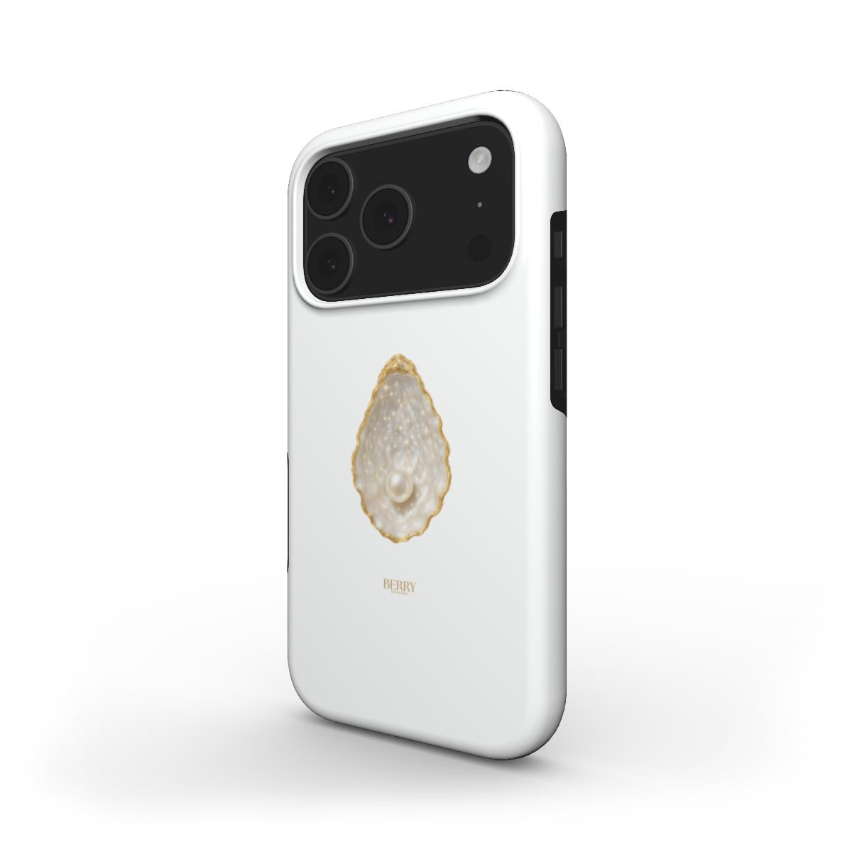White phone case with a gold-edged pearl design and multicolored details, featuring a trendy, feminine, and aesthetic style.