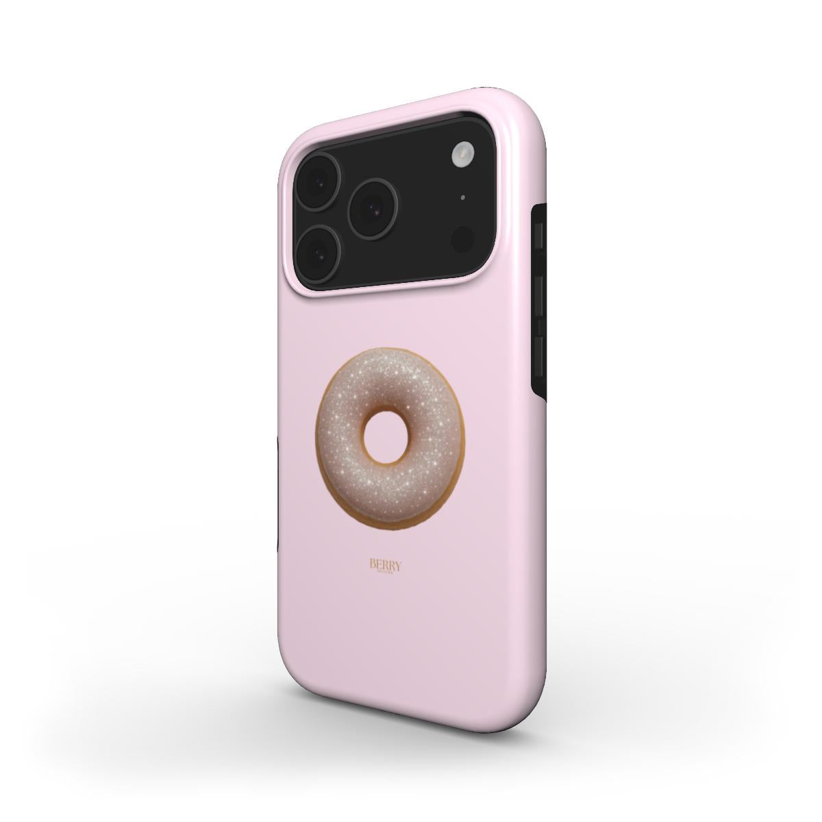 Trendy pink phone case featuring a glittery beige donut design with feminine and girly aesthetic in gold and multicolored accents.