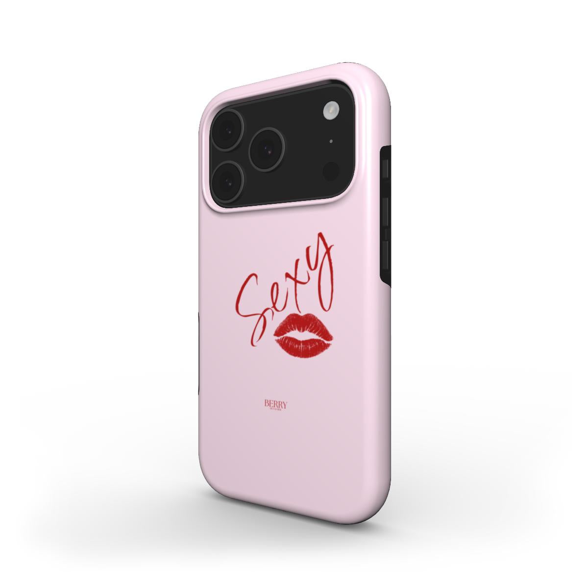 Pink phone case with red lips and "Sexy" handwritten text, trendy and feminine design perfect for that girly, aesthetic style.