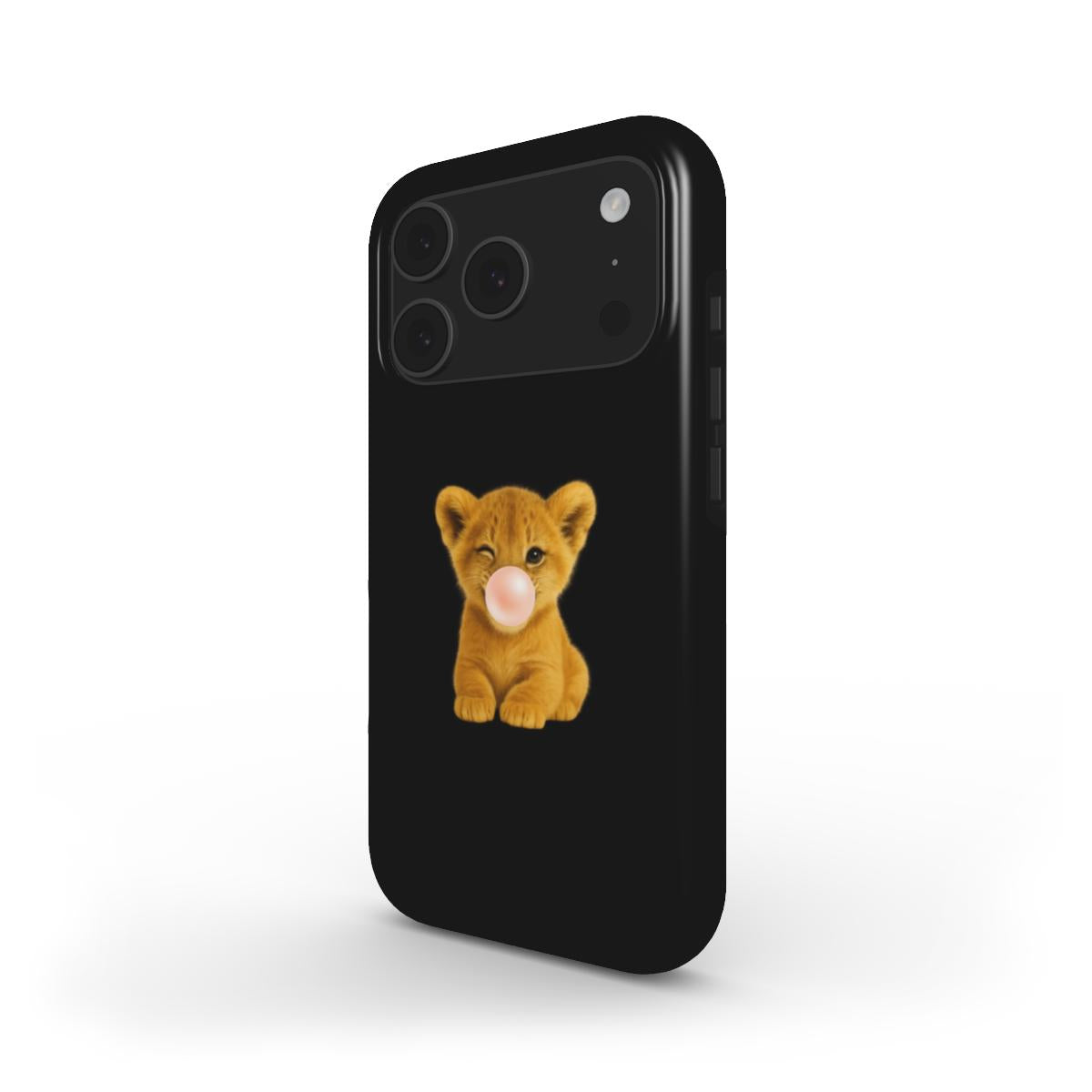 Trendy black phone case featuring a cute lion cub blowing a bubble, combining girly charm and a unique, feminine aesthetic.