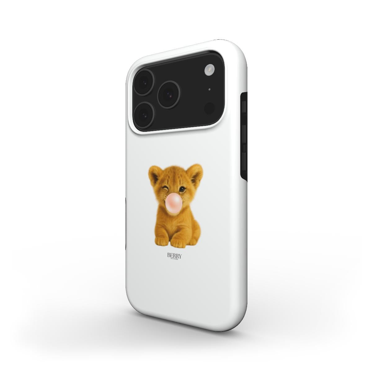 White phone case featuring a cute lion cub blowing a pink bubblegum bubble in a trendy, girly, and feminine style with a beige and brown color palette.