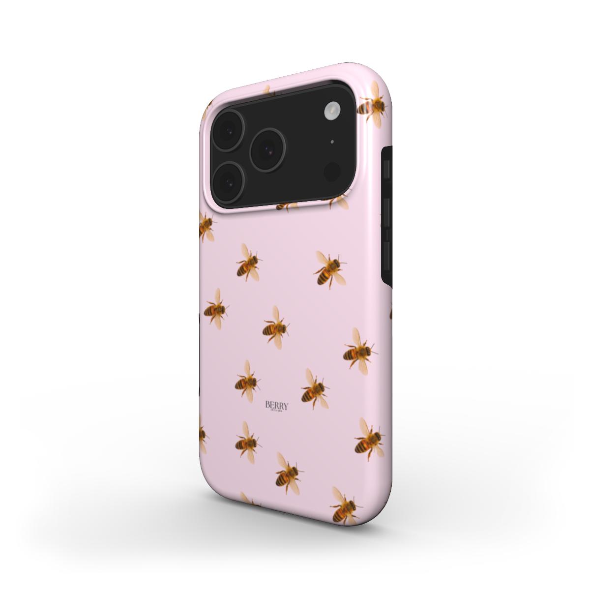 Trendy pink phone case with a feminine bee pattern, combining girly charm and aesthetic appeal for a beautiful, popular look.