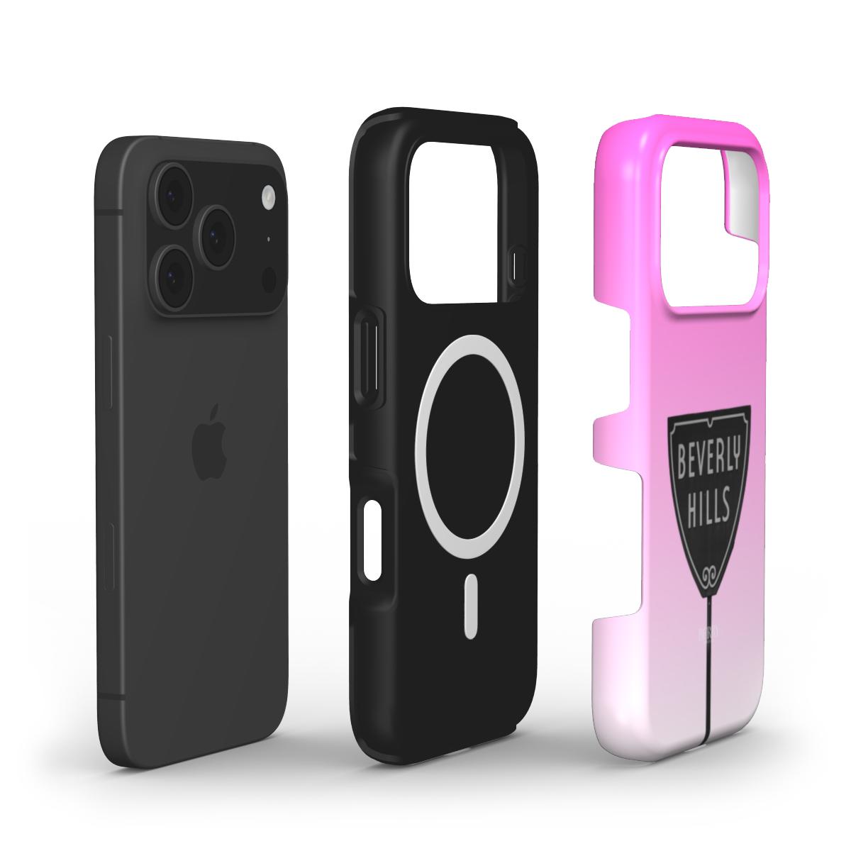 Trendy feminine pink and multicolored phone case with stylish Beverly Hills design, combining girly aesthetic and modern protection for popular smartphones.
