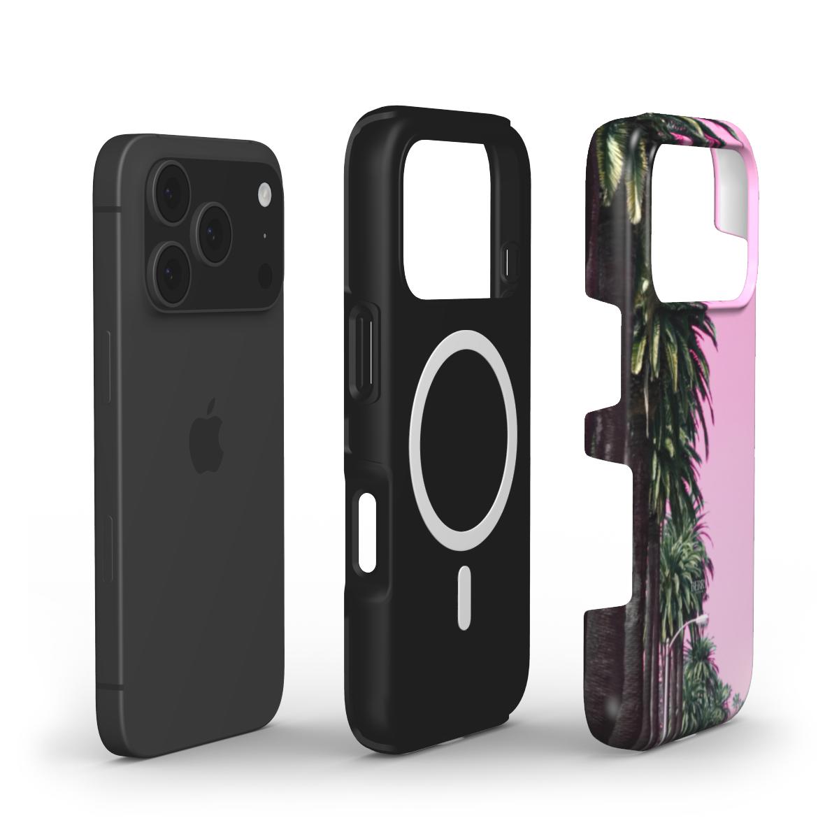 Trendy feminine phone case with a multicolored pink pattern featuring green palm leaves, designed for a stylish and girly aesthetic.