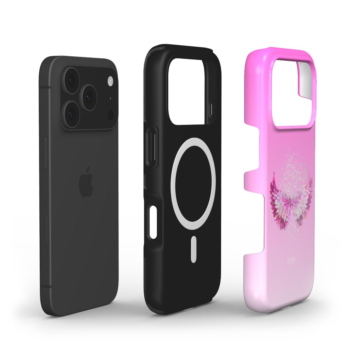 Trendy pink and multicolored feminine phone case with artistic angel wing design, stylish and perfect for that girl aesthetic look.