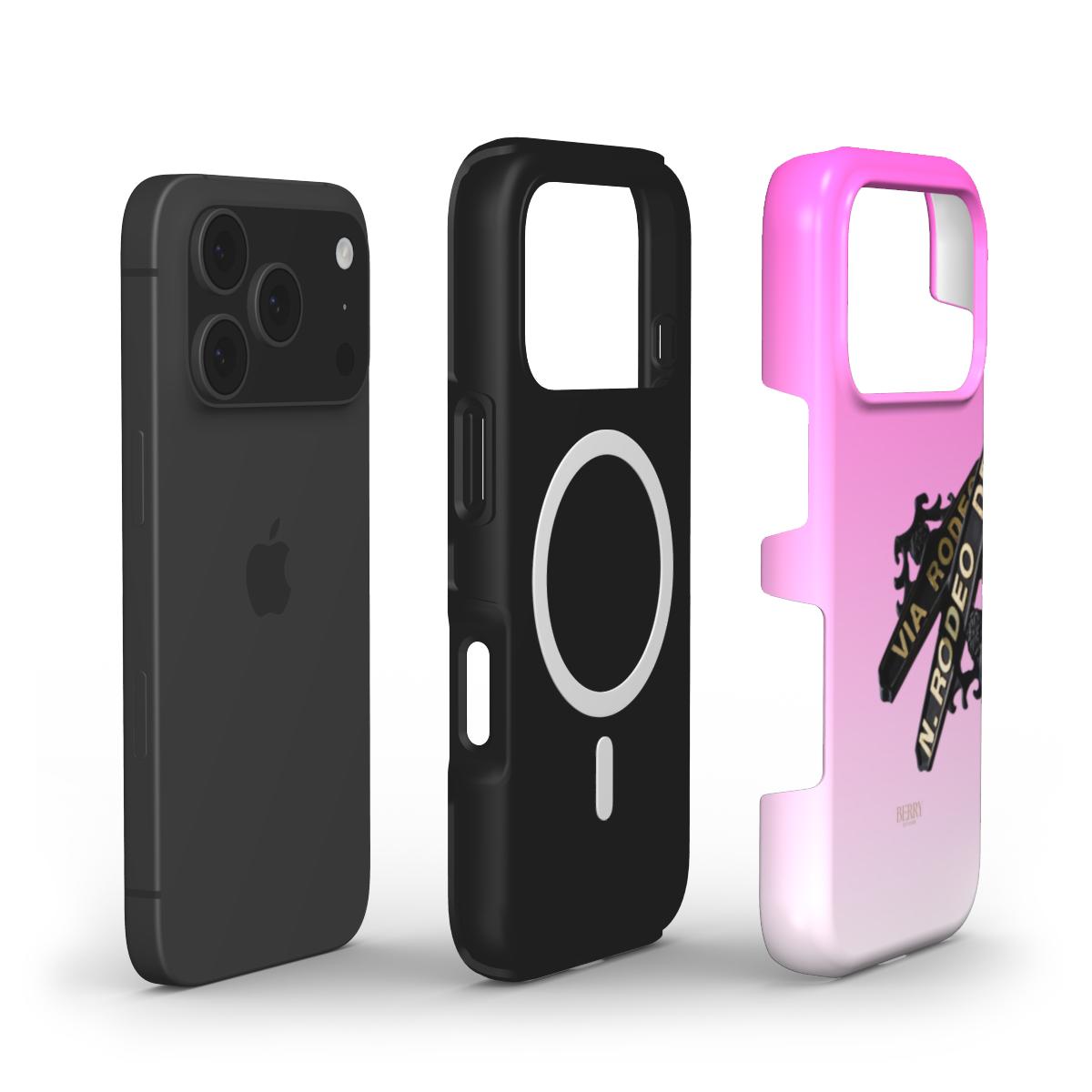 Trendy pink and multicolored stylish phone case with feminine design inspired by Rodeo Drive, perfect for a girly and beautiful aesthetic.
