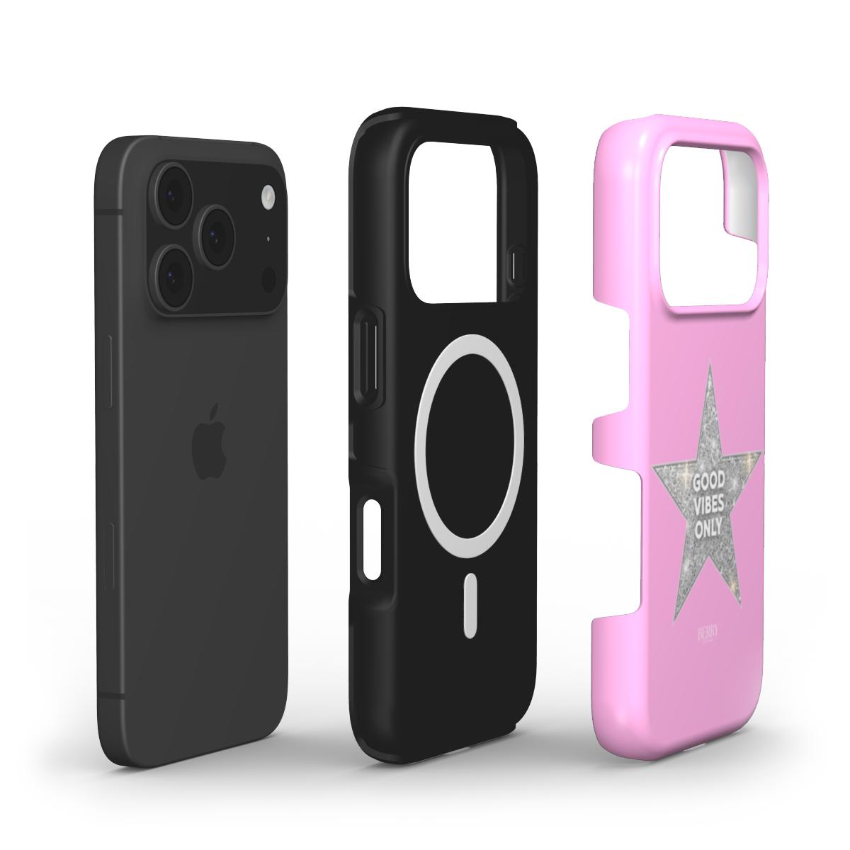 Black smartphone with matching black magnetic phone case and a trendy pink phone case featuring a silver star and stylish "Good Vibes Only" text design.