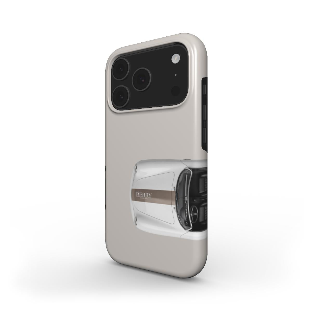 Trendy phone case in beige with a stylish brun and flerfarvet car design, combining feminine and aesthetic vibes for a beautiful, popular look.