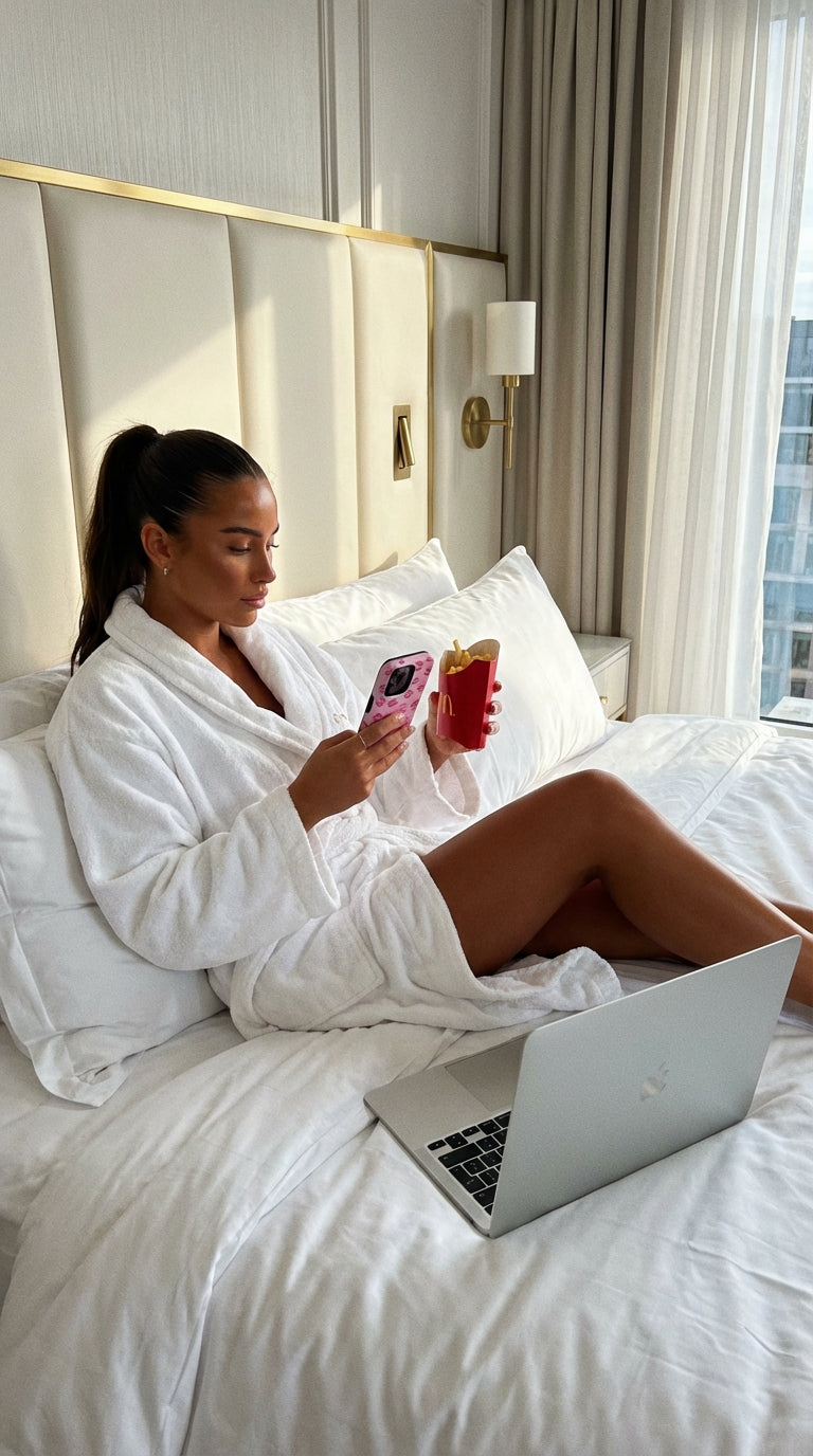 Trendy woman in white robe relaxing on bed with pink phone case, holding fries, next to laptop in bright room with gold-accented decor.
