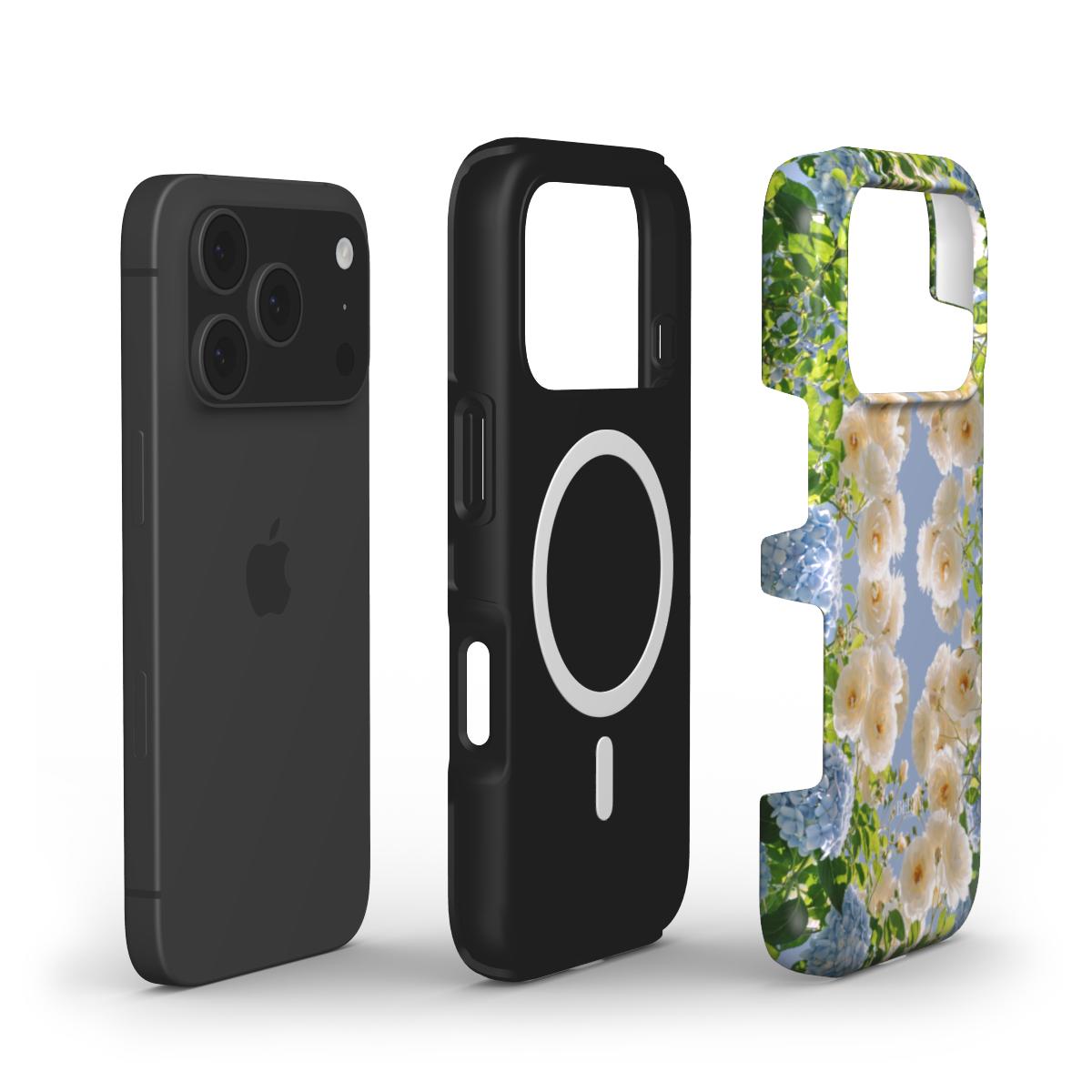Trendy feminine phone case with colorful floral pattern in white, blue, beige tones, designed to fit securely and stylishly with advanced magnetic technology.