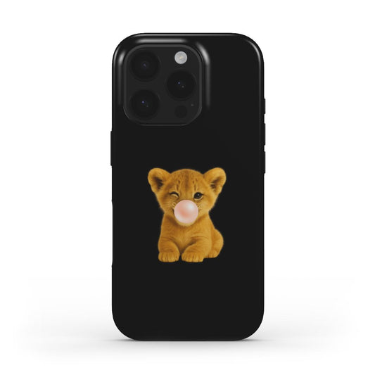 Black phone case with a cute lion cub blowing a bubblegum bubble, featuring a trendy and adorable girly design in brun and beige tones.