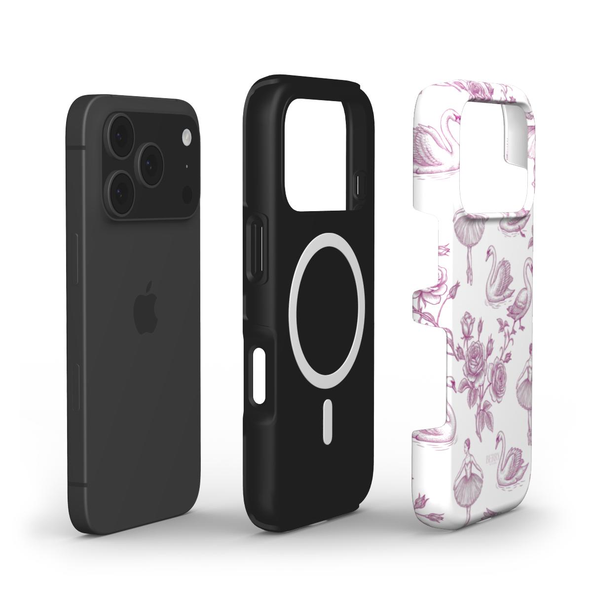 Trendy feminine phone case with a stylish white and pink swan and floral pattern, designed to complement a sleek black phone with modern protective features.