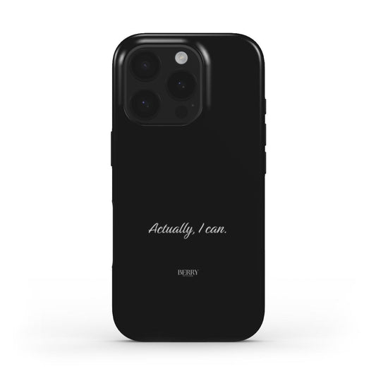 Trendy feminine black phone case with minimalist "Actually, I can." script, combining a sleek and beautiful design for that popular aesthetic look.