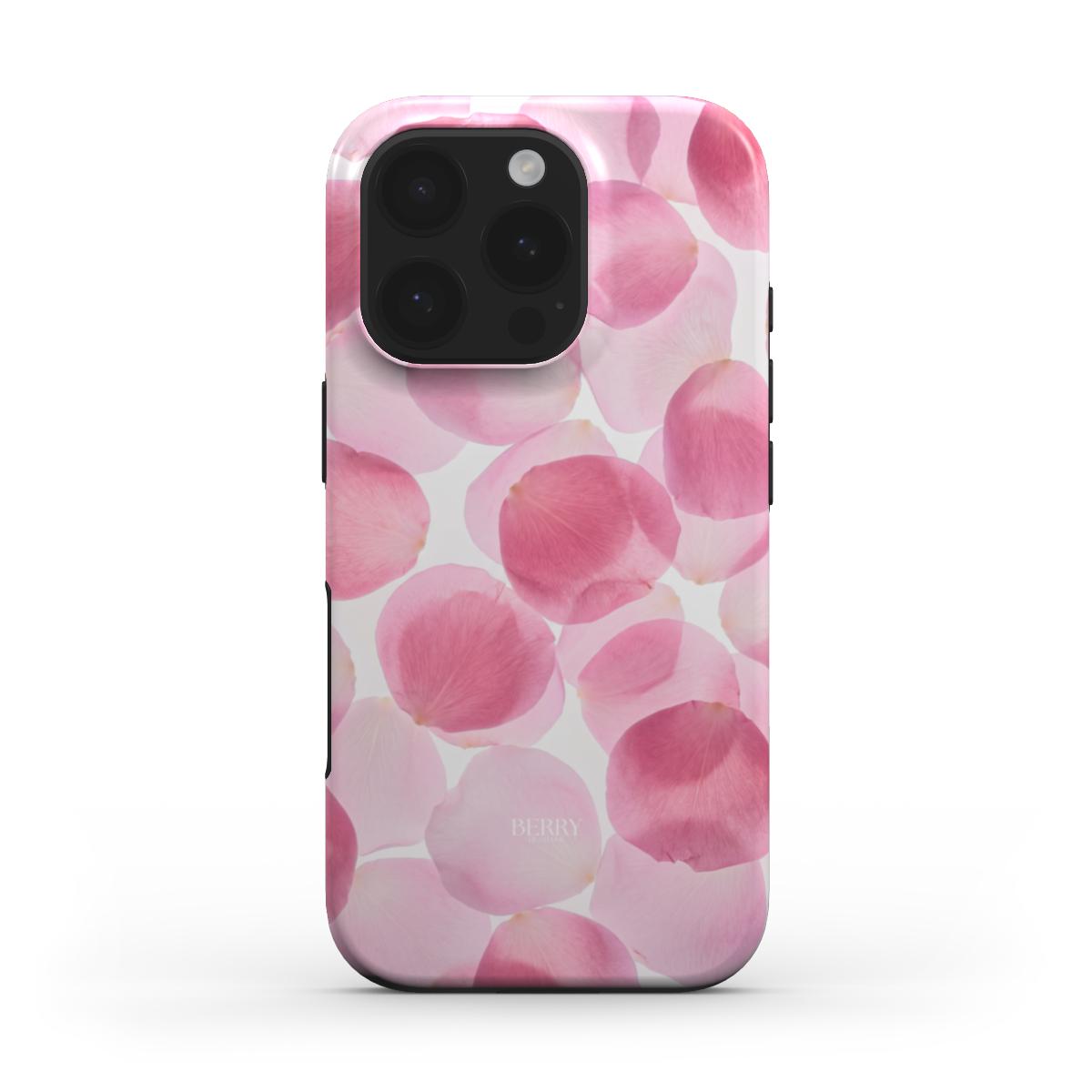 Trendy phone case with a feminine design featuring multicolored pink and red petals on a white background for a stylish, girly look.