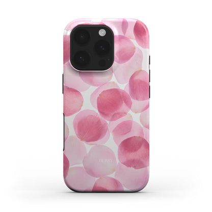 Trendy phone case with a feminine design featuring multicolored pink and red petals on a white background for a stylish, girly look.