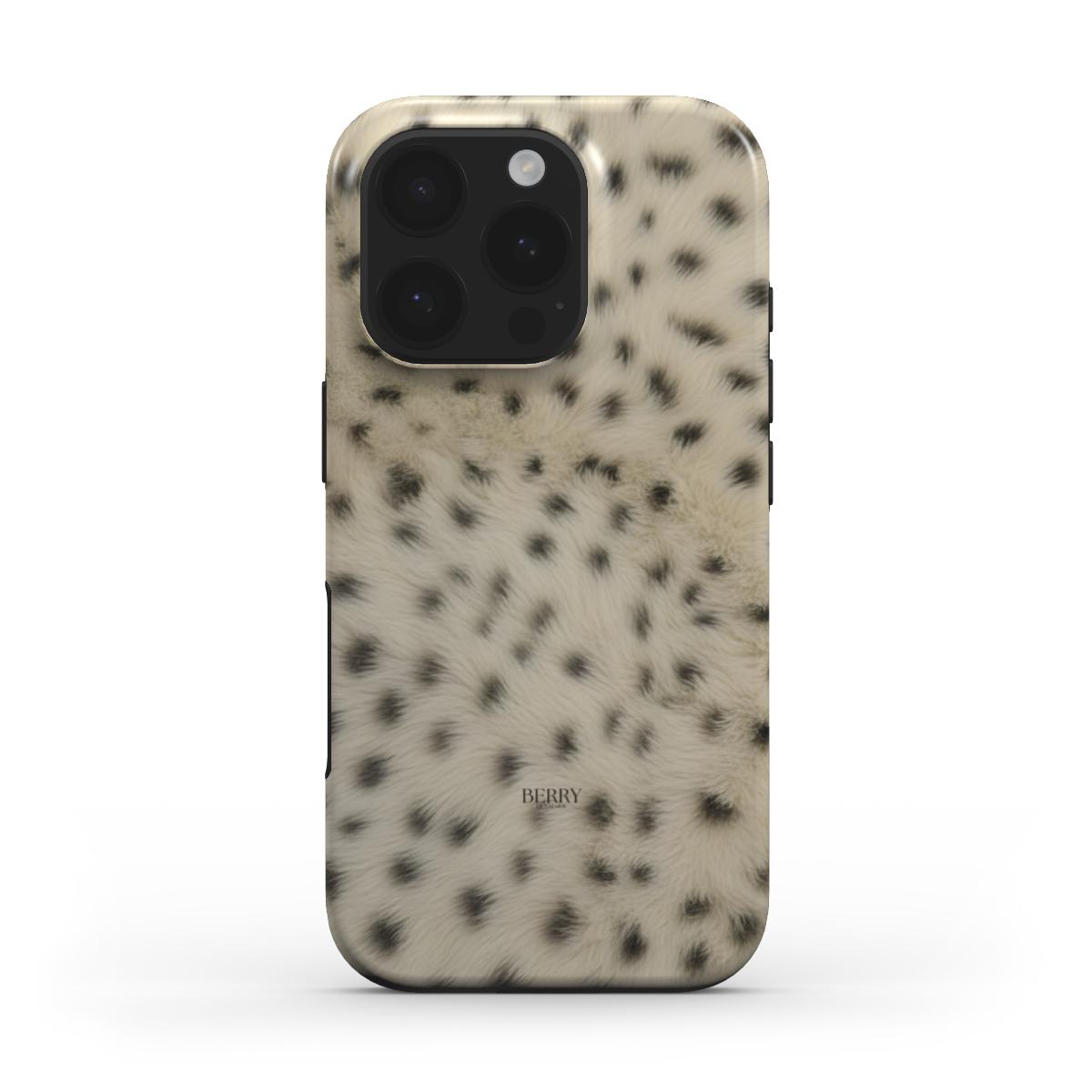 Trendy phone case with a soft, fluffy cheetah pattern in beige, brown, and black spots, combining a feminine and popular aesthetic for stylish users.