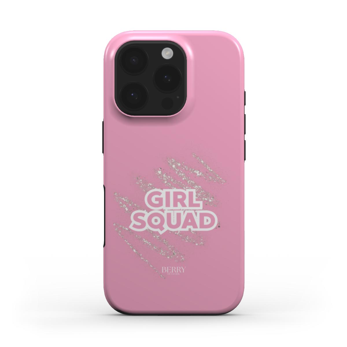 Pink phone case with glitter accents and bold "Girl Squad" text in white, featuring a trendy and feminine aesthetic.