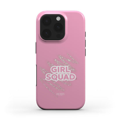 Pink phone case with glitter accents and bold "Girl Squad" text in white, featuring a trendy and feminine aesthetic.