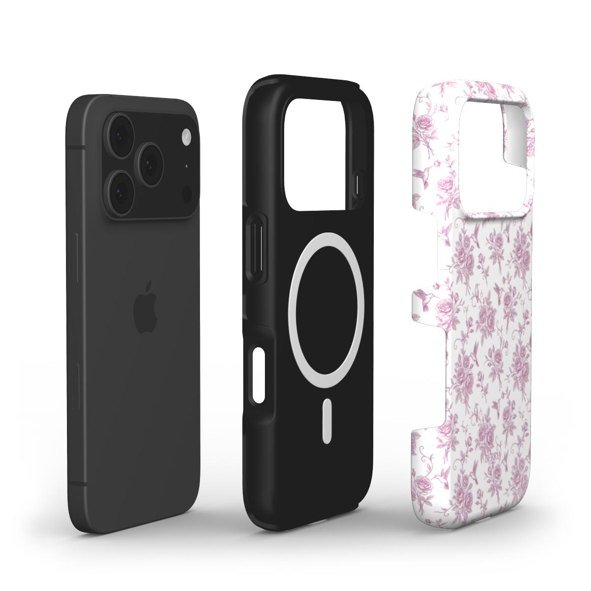 Trendy feminine phone cases featuring a sleek black design and a multicolored white and pink floral pattern for a beautiful, girly aesthetic.