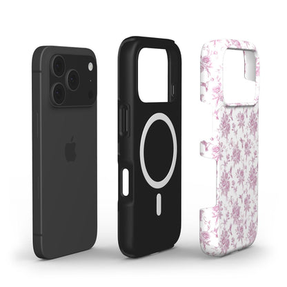 Trendy feminine phone cases featuring a sleek black design and a multicolored white and pink floral pattern for a beautiful, girly aesthetic.