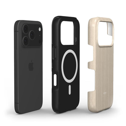 Black phone case and beige suit-inspired phone case side by side, showcasing trendy, feminine, and aesthetic protective designs for a popular smartphone model.