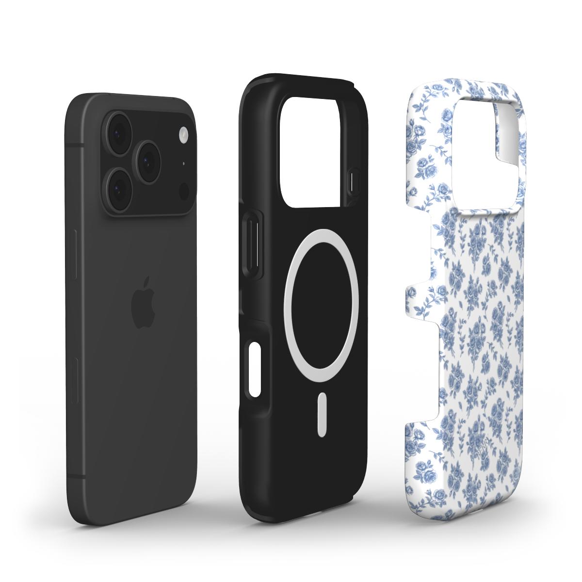 Set of three phone cases featuring solid black and a multicolored white and blue floral pattern for a trendy, feminine style.
