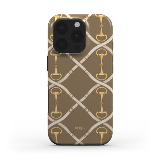 Trendy phone case with a golden buckle pattern in brown, beige, and gold tones, featuring a chic and feminine aesthetic for stylish everyday use.