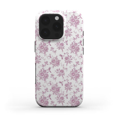 Trendy feminine phone case with a multicolored white and pink floral pattern featuring blooming roses and delicate birds, perfect for that girl’s aesthetic style.